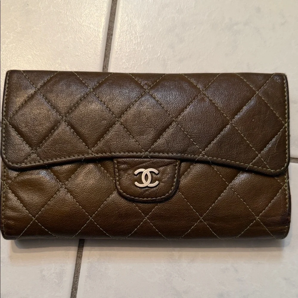 CHANEL Brown Quilted Lambskin Wallet with Silver CC